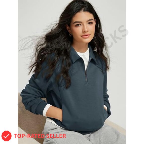 Modal Half-Zip Sweatshirt Relaxed Fit Pullover Pockets Y2K Chic Casual - Picture 4 of 7